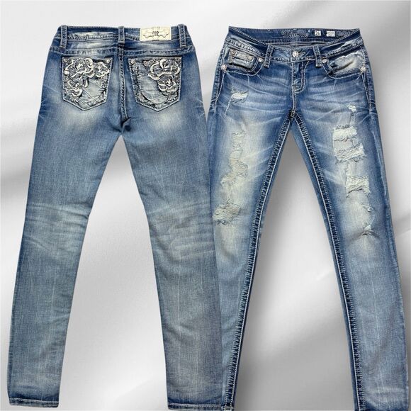 Miss Me Signature Skinny Women's Size 26 Patched Distressed Rhineston Jeans - Picture 1 of 14